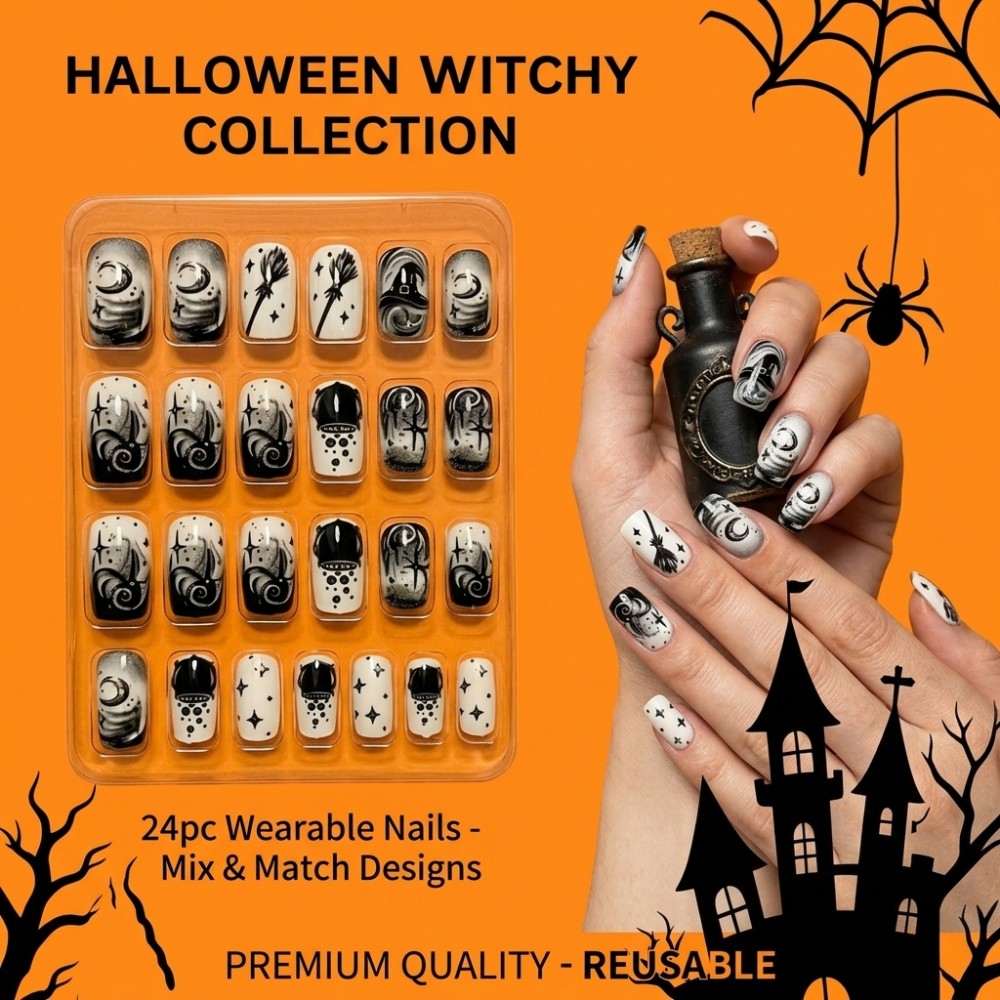 Sanding Stick Set - 24個入り ハロウィン魔女帽子風つけ爪 ゴシック風黒白渦巻き魔法のほうき型人工爪 トレンドのアクリル製プレスオンネイル