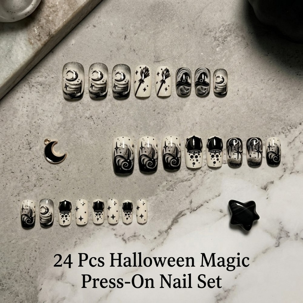 24個入り ハロウィン魔女帽子風つけ爪 ゴシック風黒白渦巻き - Sanding Stick Set のレビューと価格